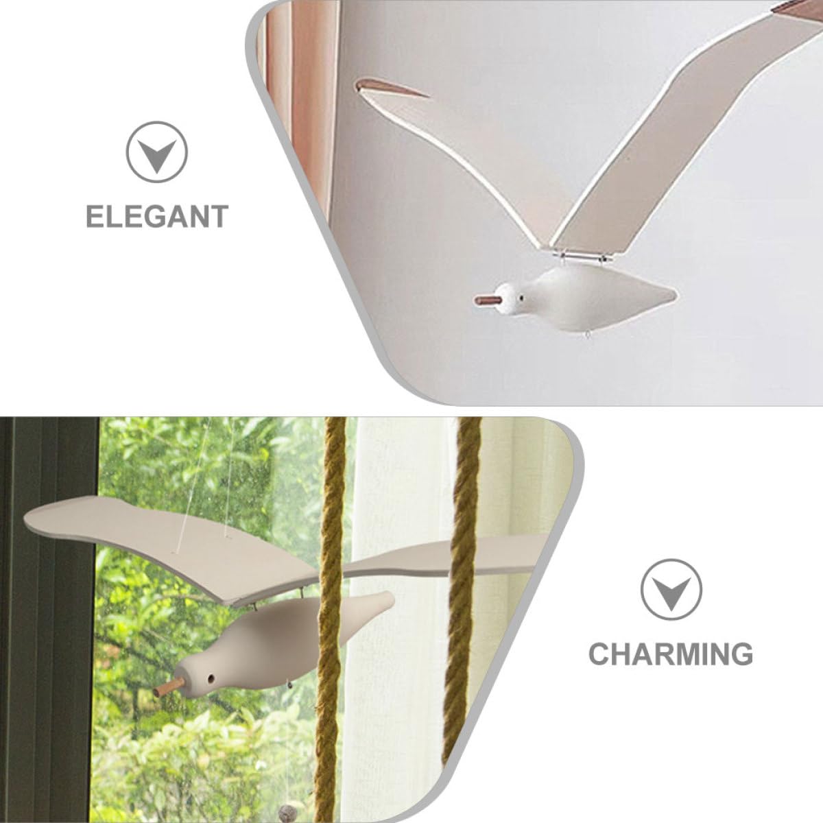 Decorazione da Appendere in Legno Uccellino Bianco Corda di Canapa, Design Elegante e Sicurezza dei Materiali per Cameretta o Corridoio
