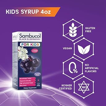 Sambucol Black Elderberry Syrup for Kids - Elderberry Liquid with Vitamin C for Kids No Artificial Flavors, High Antioxidants, Daily Wellness Support, Berry Flavored - 4 Fl Oz