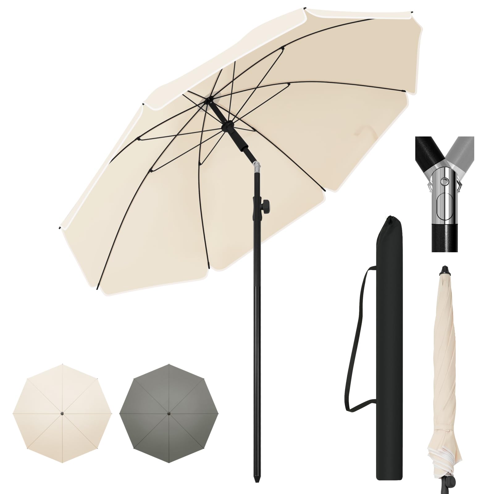 WOLTU Somrilla de Jardin Ø 175 cm, Parasol Grande Ajustable de Altura y Angulo, Parasol para Playa, Terraza, Piscina, Mercado y Patio, Proteccion Contra UV, Beige