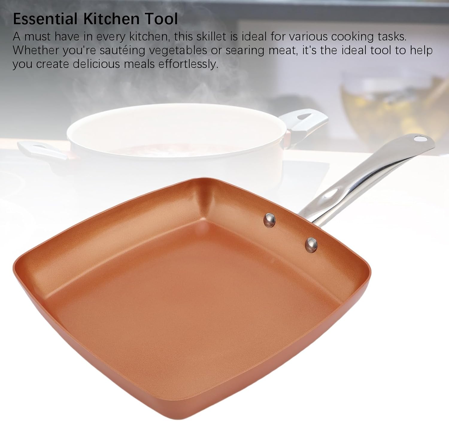 Yosoo Health Gear Frying Pan Copper Color Aluminum Alloy Stainless Steel Anti Stick Square Skillet with Compound Bottom Non Stick Ceramic Coating Oven Dishwasher Safe Cooking pots and Pans - Image 9