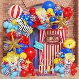 Carnival Circus Balloon Arch Kit,146Pcs Red Yellow Blue Balloon Garland with 4D Red White Stripe,Popcorn,Zebra,Lion,Explosion Star Foil Balloons for Birthday Carnival Circus Theme Party Decorations
