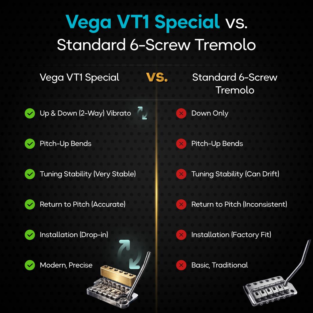 Vega-Trem VT1 - Ponte tremolo per chitarra Stratocaster standard speciale a 6 viti, per Stratocaster, senza mod, facile installazione (lucido, destro)