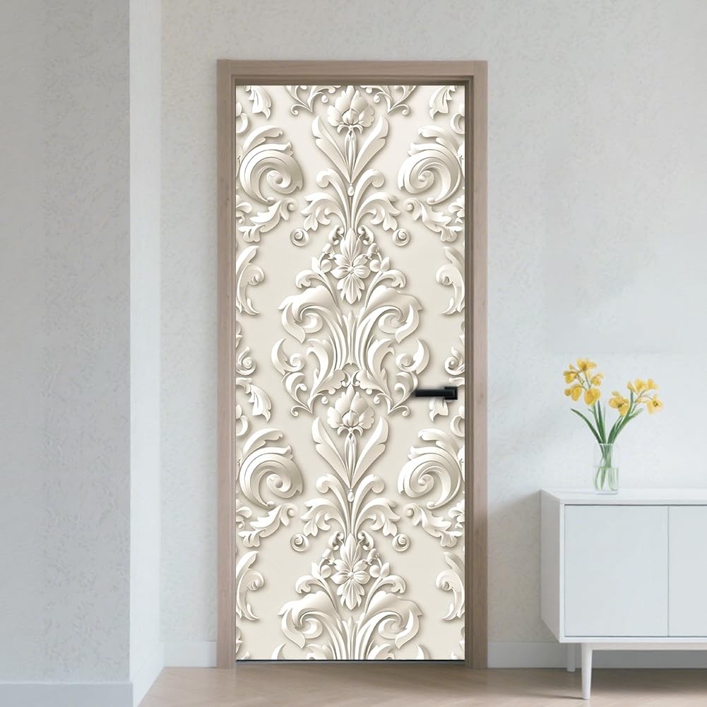 CRAFTYMELODY Door Sticker Peel Stick Removable Self Adhesive Door Mural Decal Vinyl PVC Waterproof Door Cover Wallpaper for Home Office Shop Decoration 31.48×78.74 Inch Creamy Plant Vine Pattern