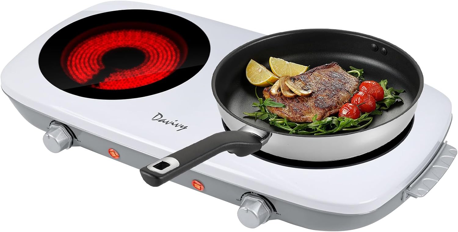 Davivy Double Burner Electric Hot Plate, 1800W (2x900W) Portable Electric Stove, 2-Burner Cooktop with Crystallite Ceramic Glass, Dual Heating Zones, Flexible Temp Control, for Kitchen, RV, Dorm Davivy Double Burner Electric Hot Plate, 1800W (2x900W) Portable Electric Stove, 2-Burner Cooktop with Crystallite Ceramic Glass, Dual Heating Zones, Flexible Temp Control, for Kitchen, RV, Dorm