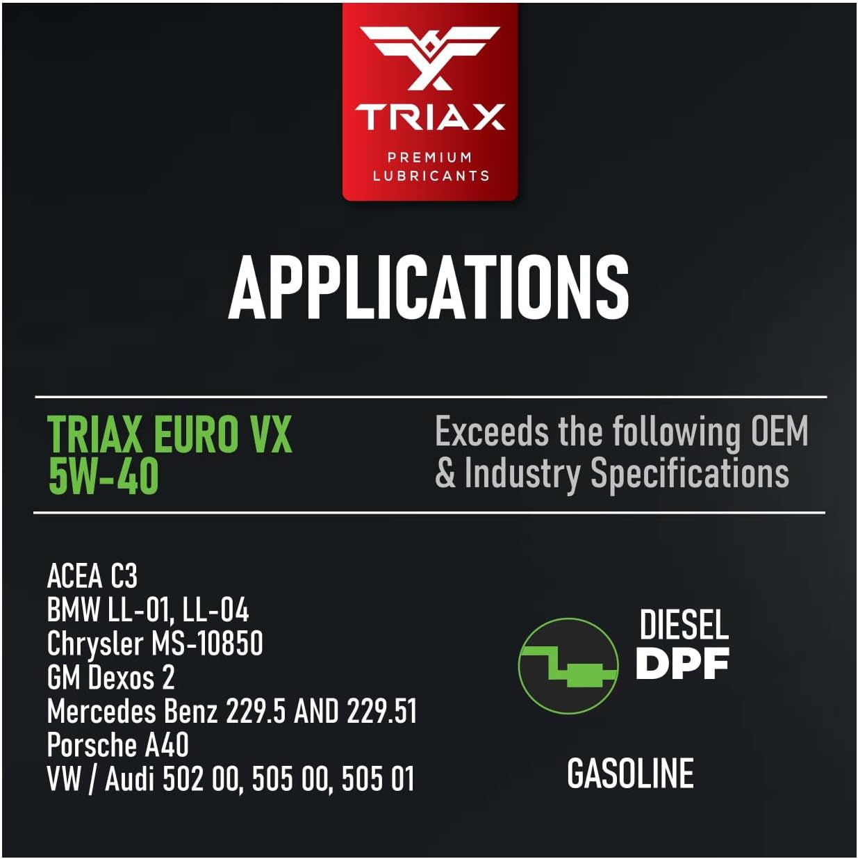 TRIAX Euro VX 5W-40 Full Synthetic, 25K Miles, Extreme Performance OEM Grade, Compatible with ACEA C3, A3/B4, VW502.00, BMW LL-04, MB 229.51, 229.5, Porsche A30 (5 Quart - 3 Pack)