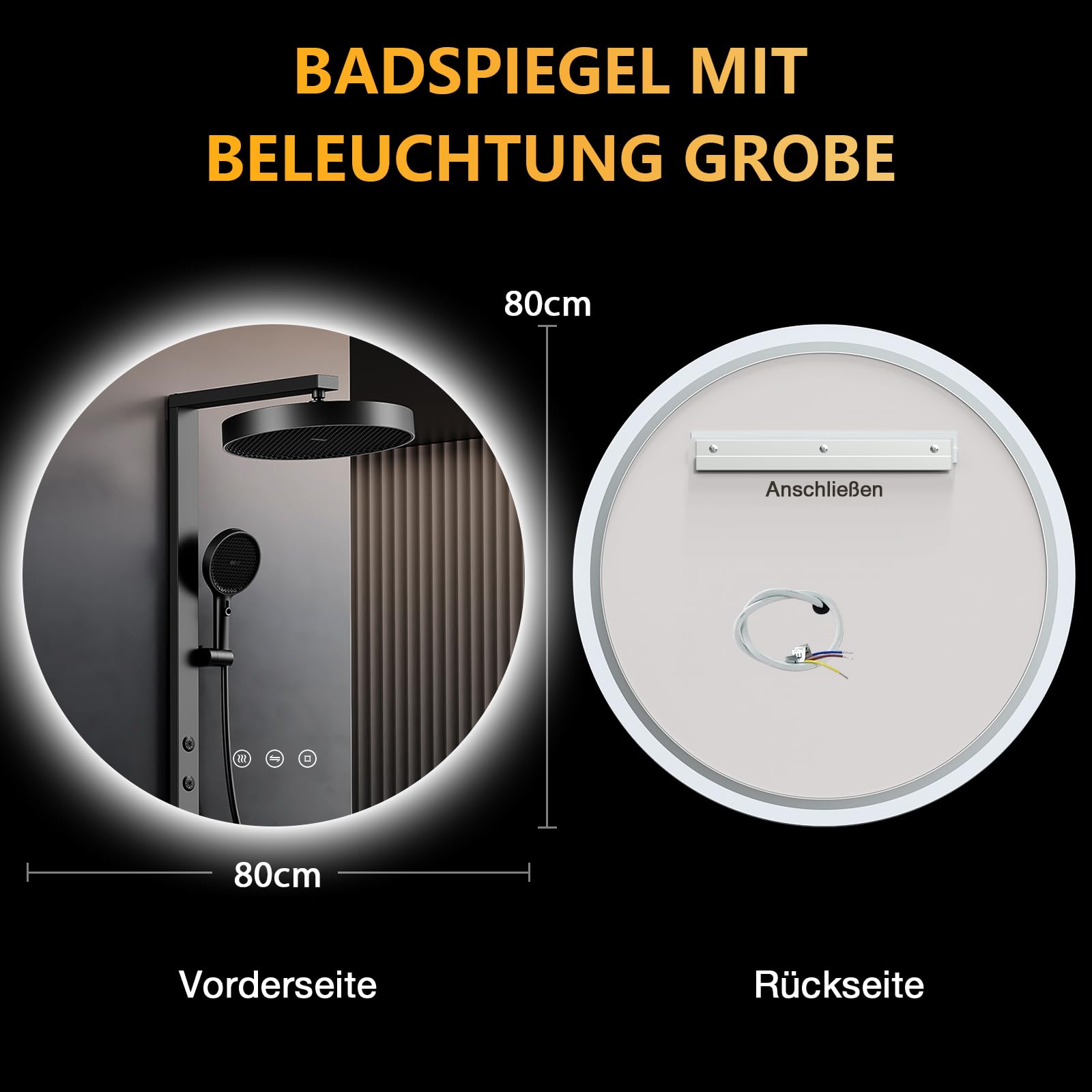 Badspiegel mit Beleuchtung 80cm, LED Bad Spiegel mit Licht, Antibeschlag, 3 Lichtfarben, Dimmbar, Touch-Schalter, Speicherfunktion, Runder Energiesparender Badezimmerspiegel