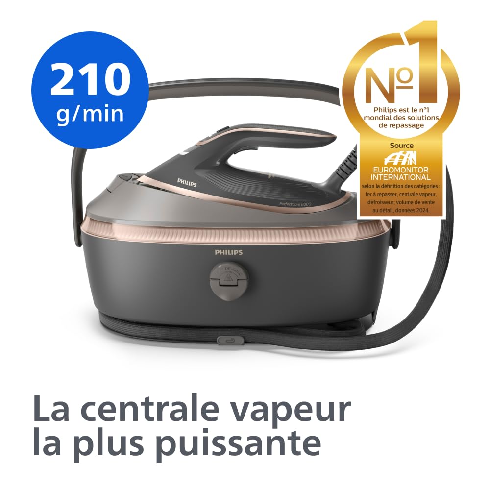 Philips PerfectCare Centrale vapeur Série 8000 – Boost vapeur 215g, Transport et rangement faciles, OptimalTEMP, SteamGlide Elite, 1,4L, Easy De-Calc, Sans brûlure garanti (PSG8200/80)