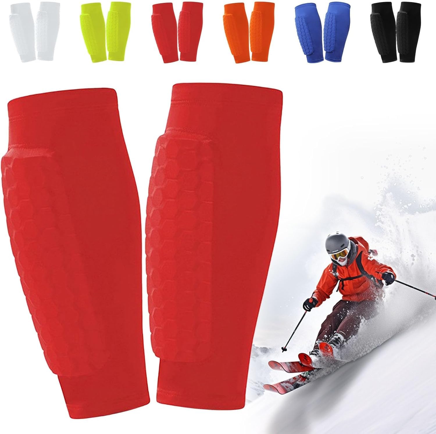 Ski Shin Guards Gel, Ski Guard Socks, Ski Guards Shin Pads, Shin Defender, Breathable Elastic Gel Guard Anti Collision for Skiing, Legs Protection, Suitable for Boys, Teenagers, Adults (Red, L)