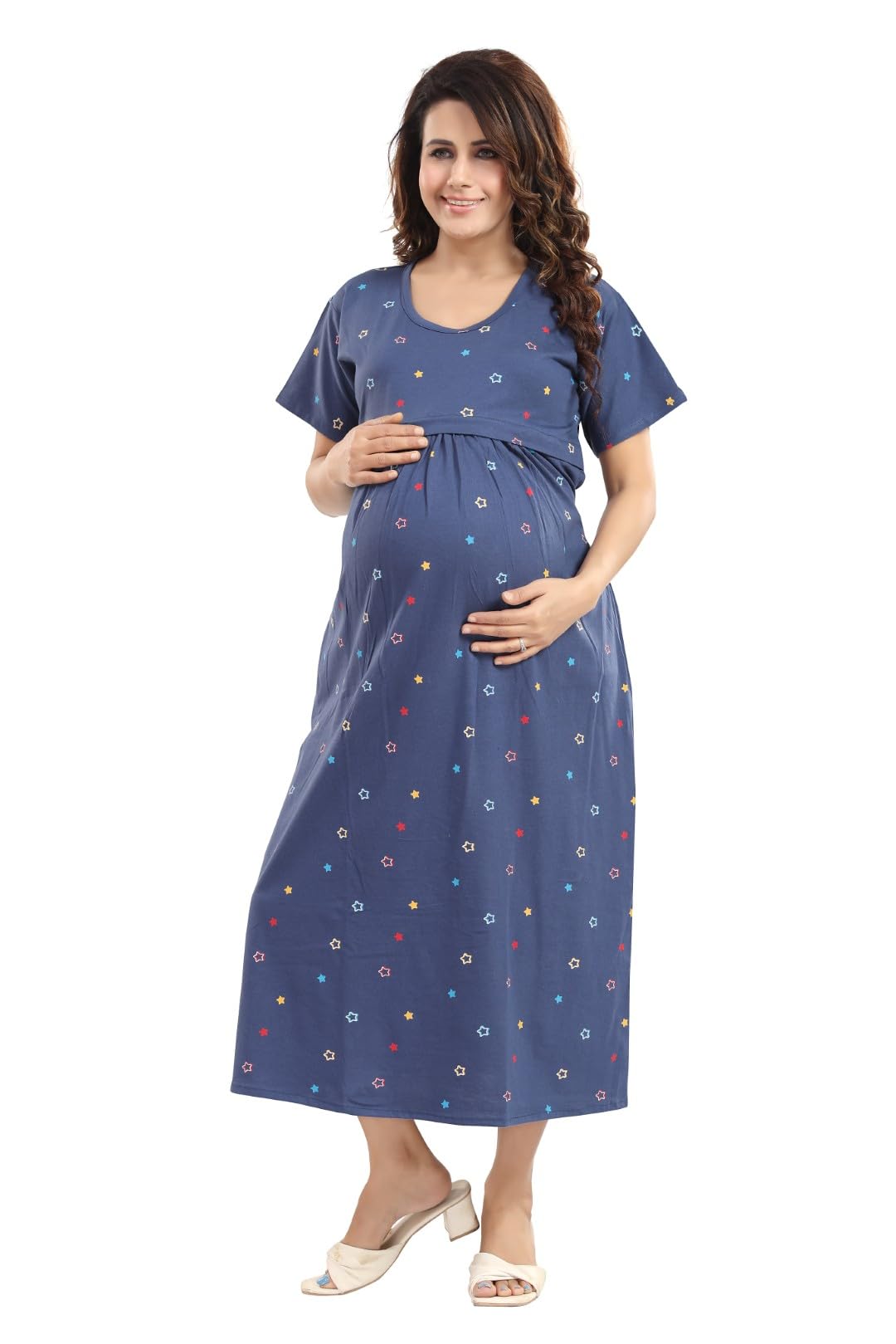 fabme Women's Heart Printed Calf Length Pre and Post Pregnancy Nursing Nighty Dress Nighty-picture-44