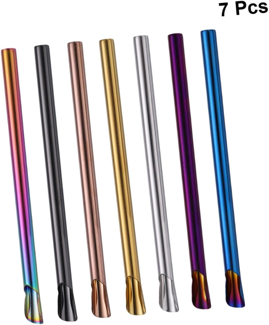 ULTECHNOVO 7pcs Reusable Stainless Steel Drinking Straws with Stirrer Smoothie and Milk Tea Straws in Silver Gold Rose Gold Iridescent Tungsten Blue Purple Easy to Clean Rust-resistant for