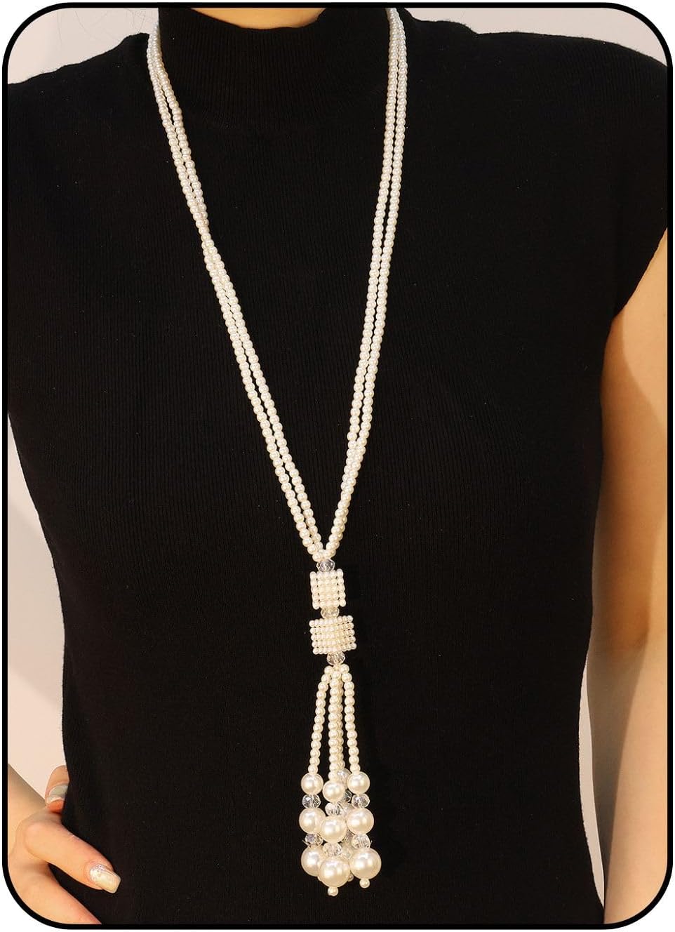 Vintage Pearl Y Necklace with Heart Cube Ball Pendant Tassel, Long Lariat Fringe Statement Necklace for Women, Dainty Geometric Faux Pearl Sweater Chain Jewelry