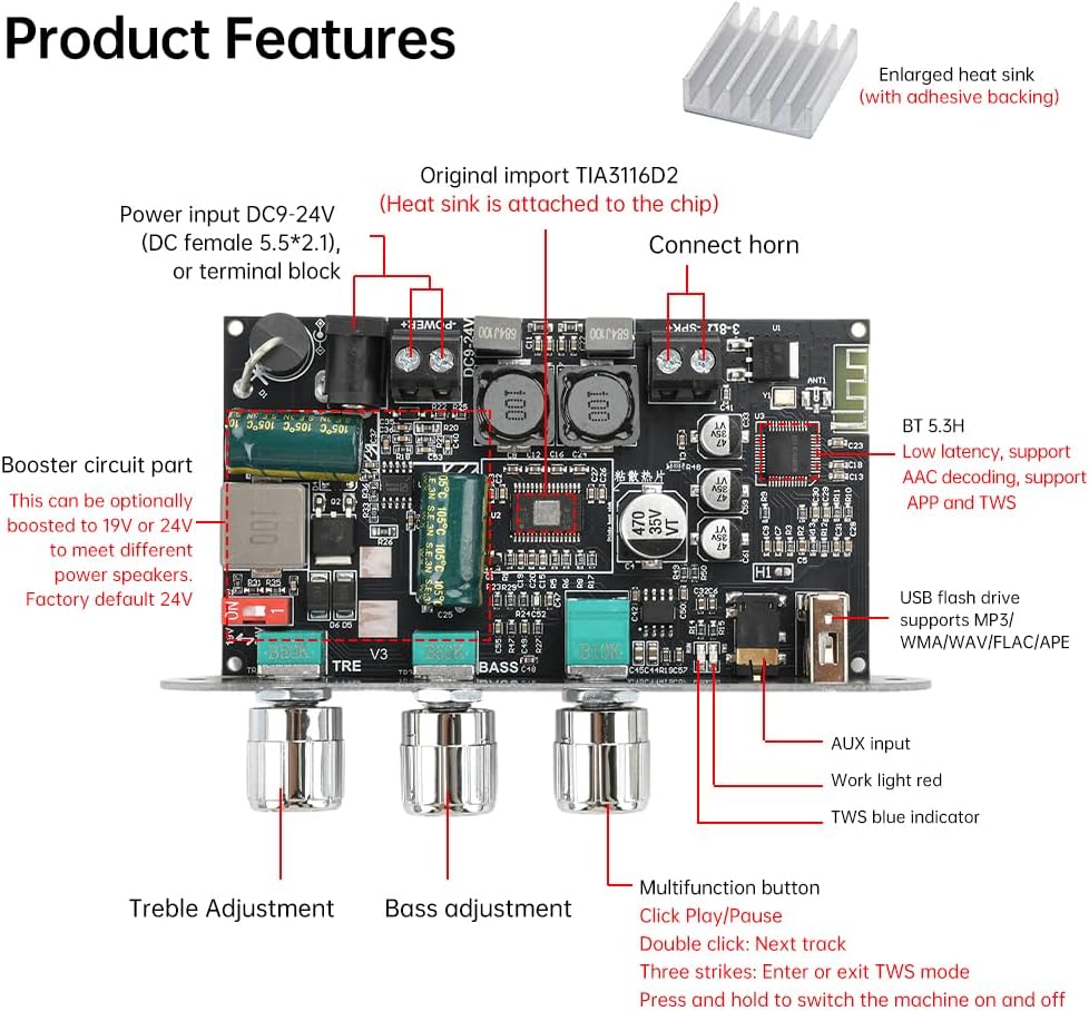 2-Pack ZK-1001U Mono Bluetooth AMP Board with TWS,100W Vehicle Amplifier Input 9-24V Wide Voltage Home Audio Amplifier Board,Supports AUX/USB/Bluetooth Input for Home Speaker,Car Audio DIY
