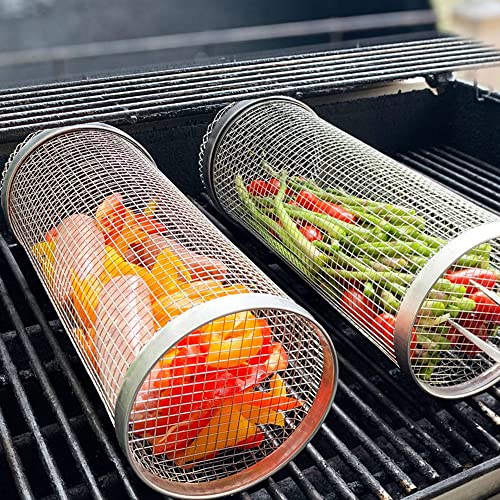 Rolling Grill Basket, Stainless Steel Grilling Basket Fish Cylinder BBQ