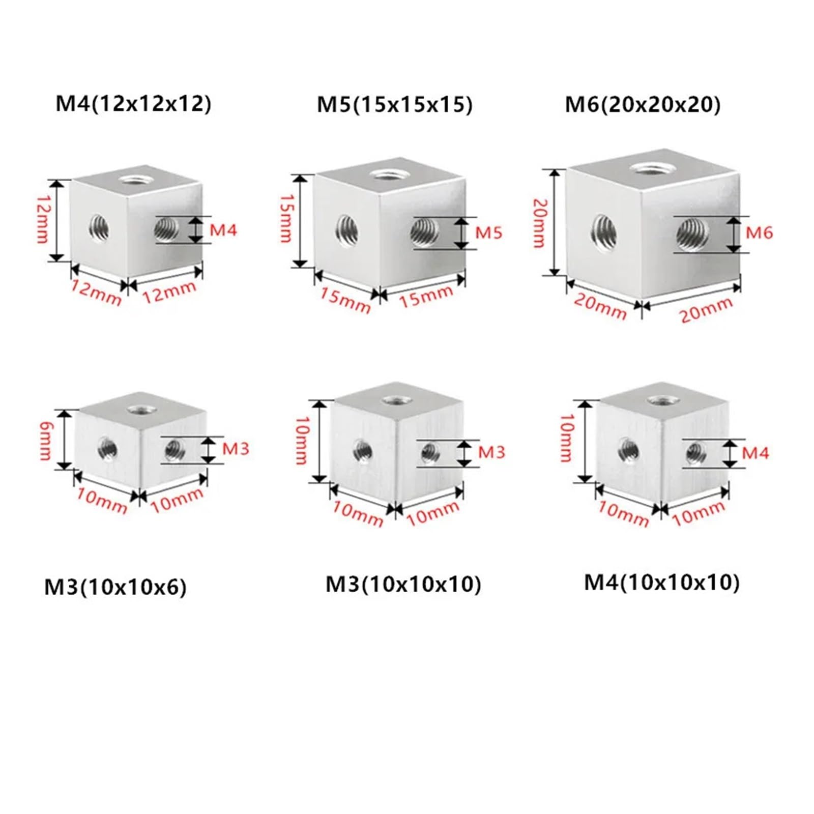 Bloque de tuercas con orificios for tornillos M3, M4, M5 y M6 de 6 lados, aleación de aluminio, conexión de bloqueo, soporte de tuerca cuadrada, placa de rosca de fijación, bloque de cubo(Silver,10pcs