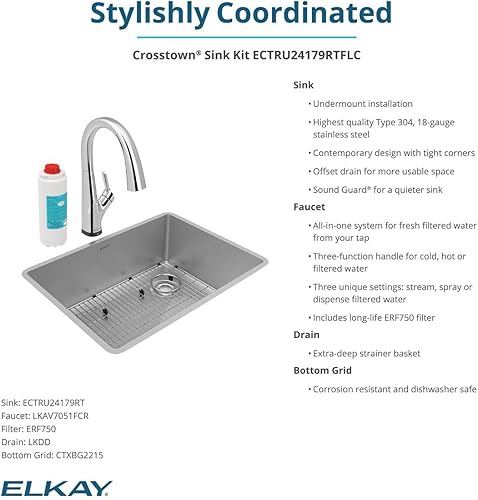Miniatura 5 de Elkay Crosstown - Kit de fregadero de acero inoxidable calibre 18 de 25-12 x 18-12 x 9 pulgadas, con grifo filtrado