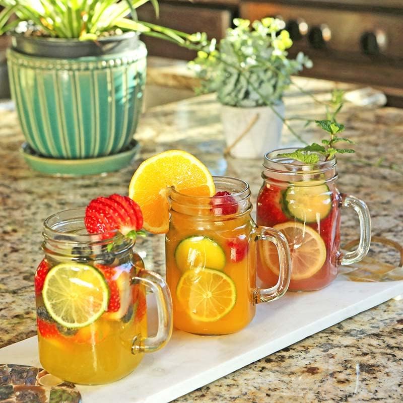 Kate Aspen Tarros grandes de vidrio con tapas y asas, tarros de masón, vasos para beber y decoración de recuerdos de bricolaje, boca ancha, 12 onzas