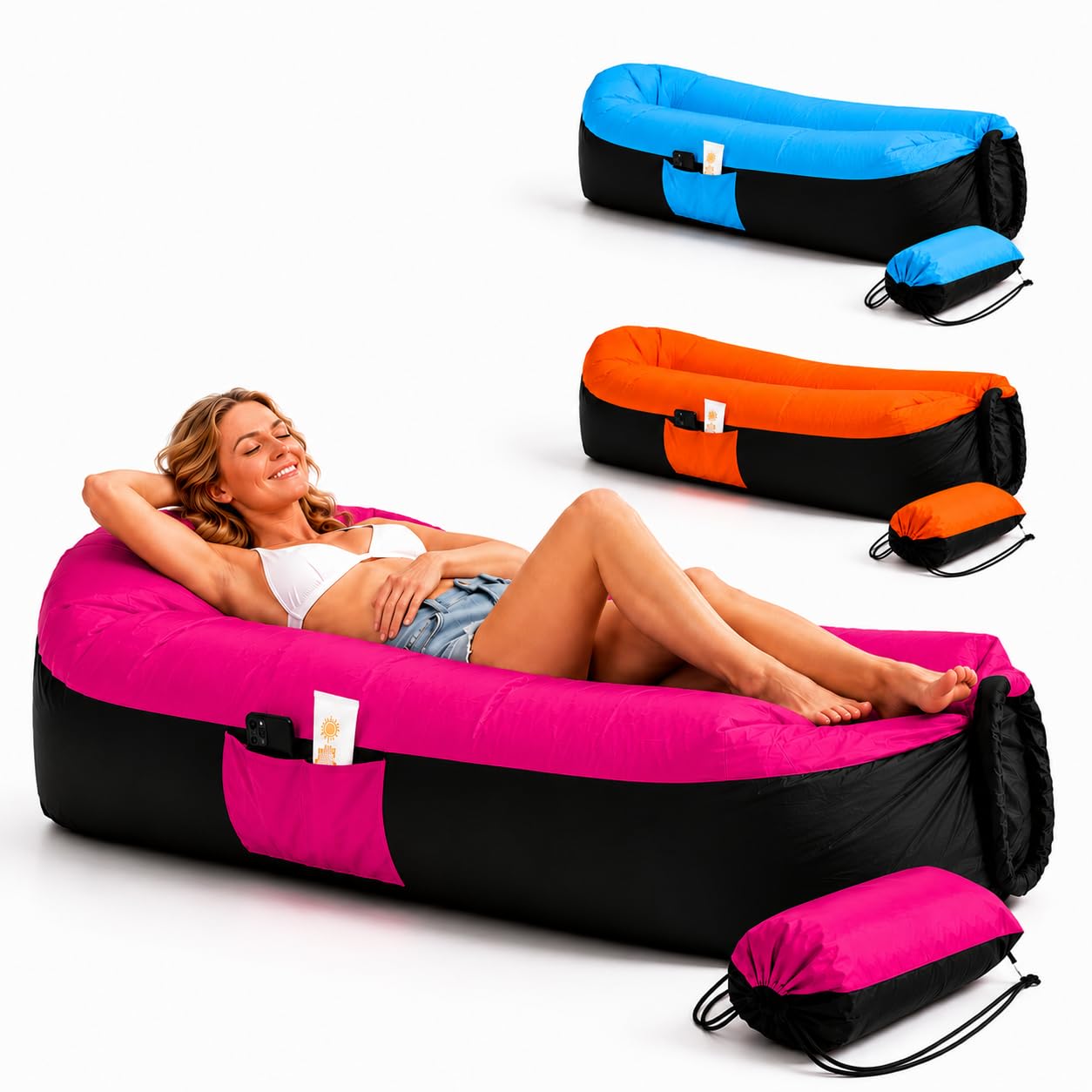 EastCity Luftsofa Aufblasbar mit Kopfstütze und Seitentasche, 230 x 70 cm Aufblasbares Sofa für Camping, Strand und Festival, Air Lounger mit Tragebeutel, Tragbare Aufblasbare Liege, Rosa