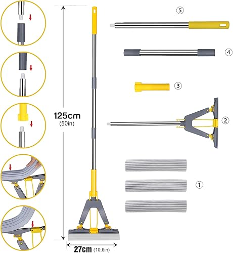 Miniatura 5 de Trapeador de esponja con función de autoseparación, mango de acero inoxidable, 3 repuestos de cabezal de fregona absorbente de PVA, ideal para uso