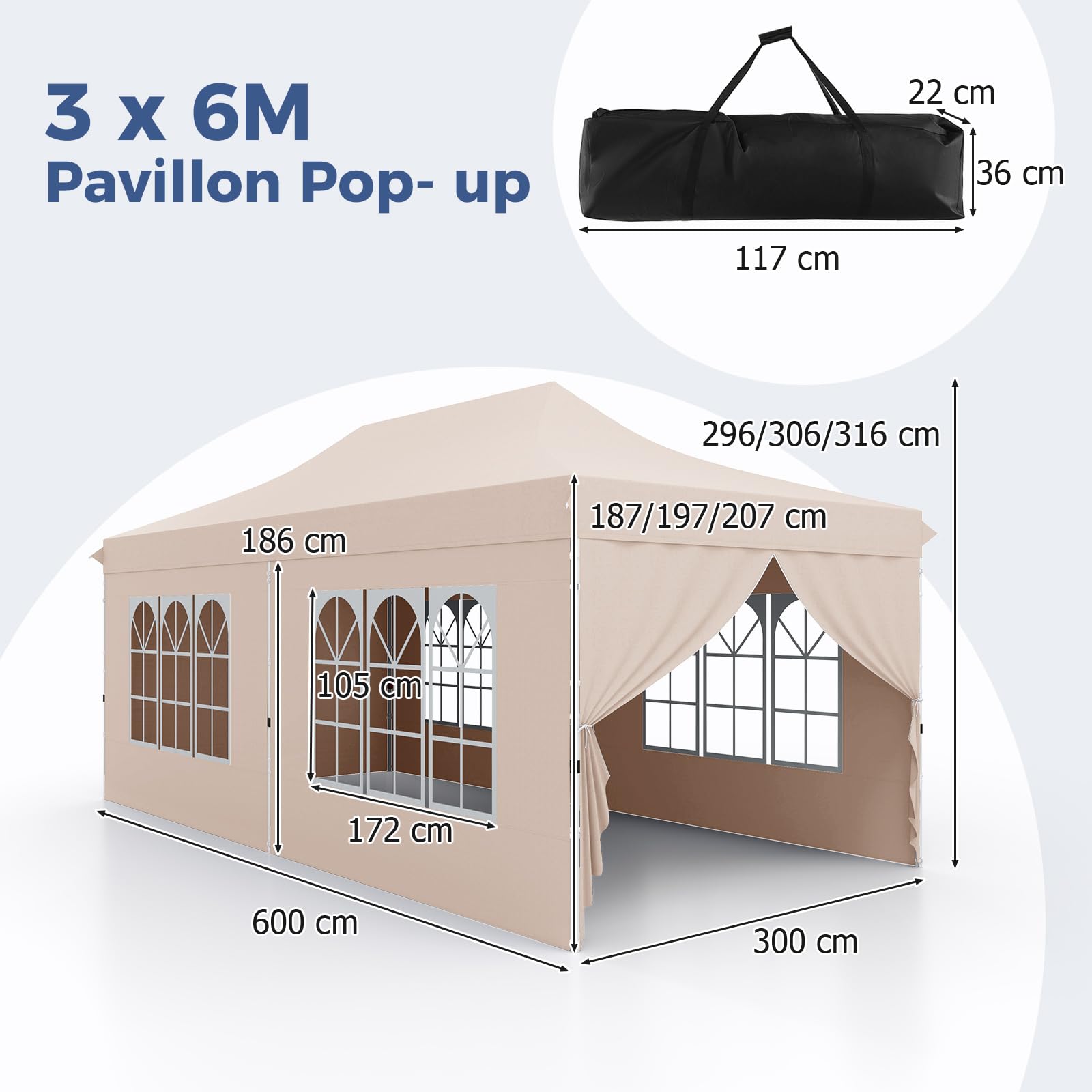 COSTWAY Tonnelle de Jardin 3x6M avec 6 Parois Latérales Amovibles, Tente de Reception Escamotable avec Sac de Transport 6 Sacs de Sable, Tonnelle Instantanée pour Fête Mariage BBQ (Beige)