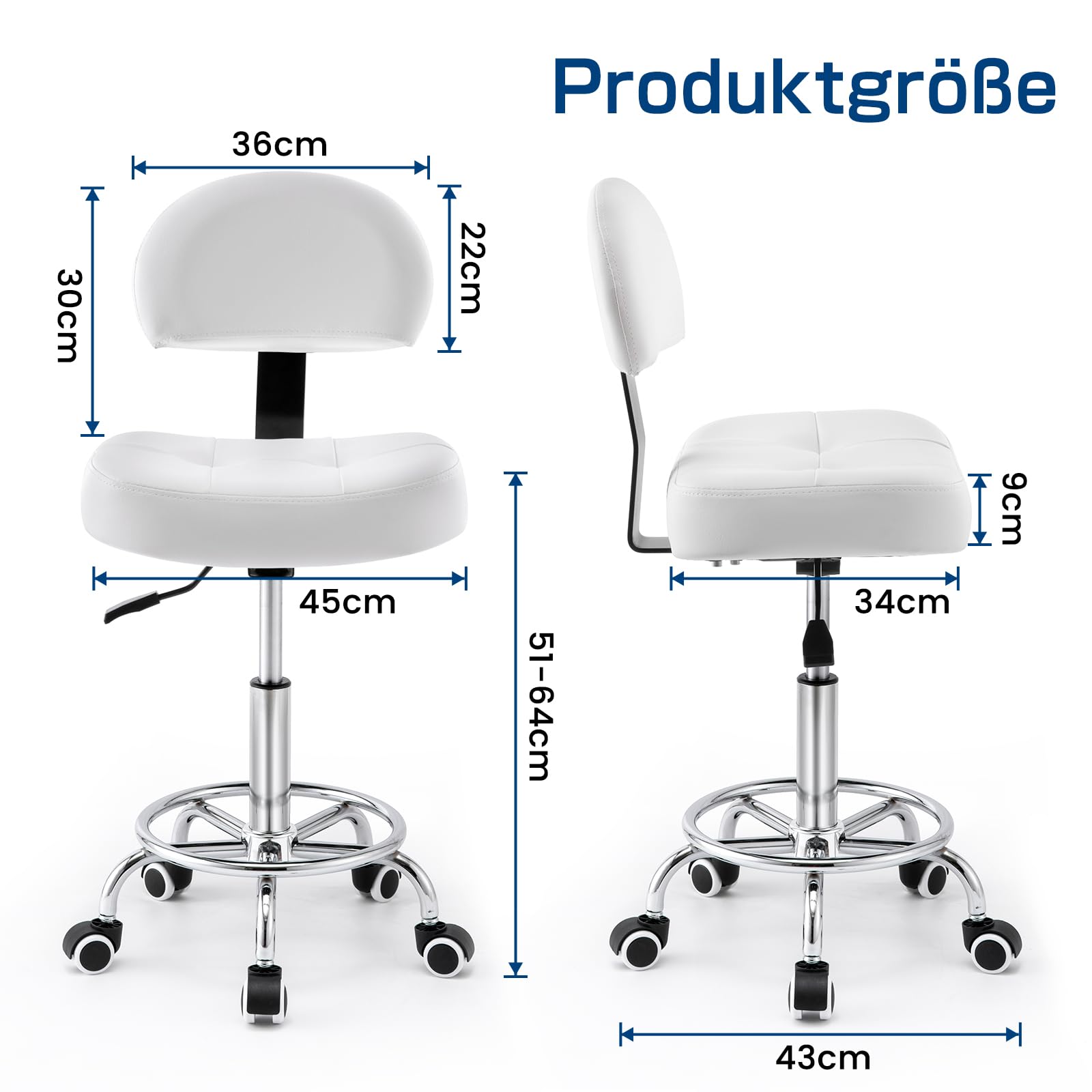 Taburete con ruedas con respaldo y cojín ancho y rectangular, altura regulable 51-64 cm, taburete giratorio con ruedas con marcha uniforme, ideal para salones, cosméticos (blanco)