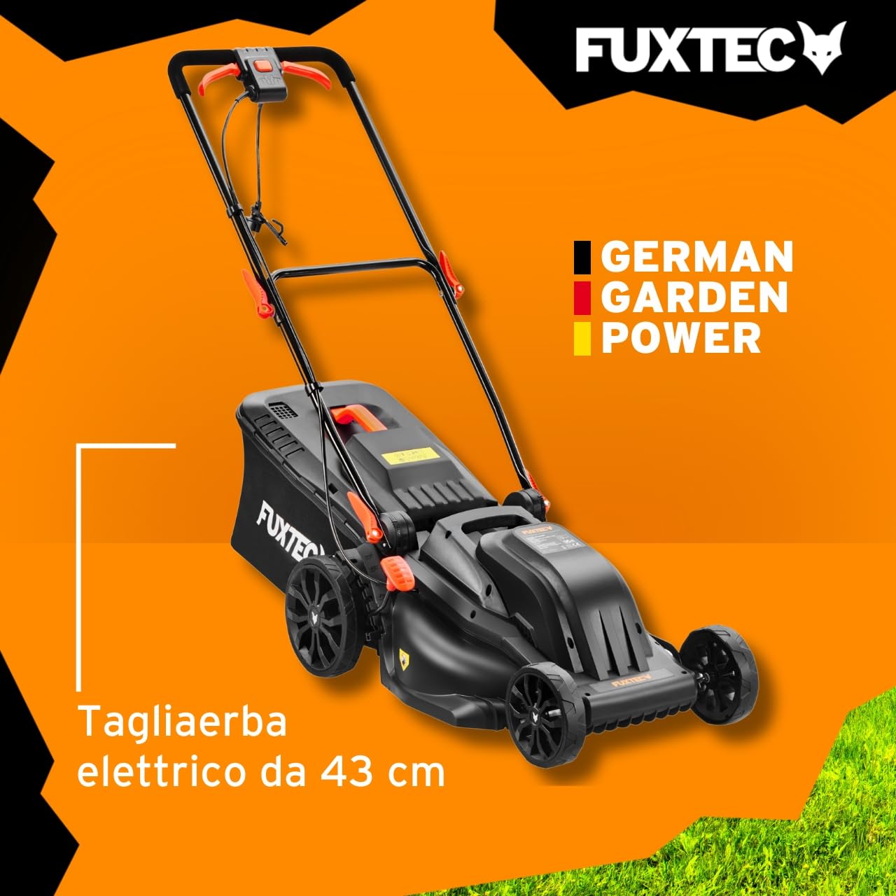 Tagliaerba Elettrico FUXTEC FX-RME43-44 cm Larghezza di Taglio, Cesto da 45 L, Altezza Regolabile 25-75 mm, Tosaerba Silenzioso ed Efficiente