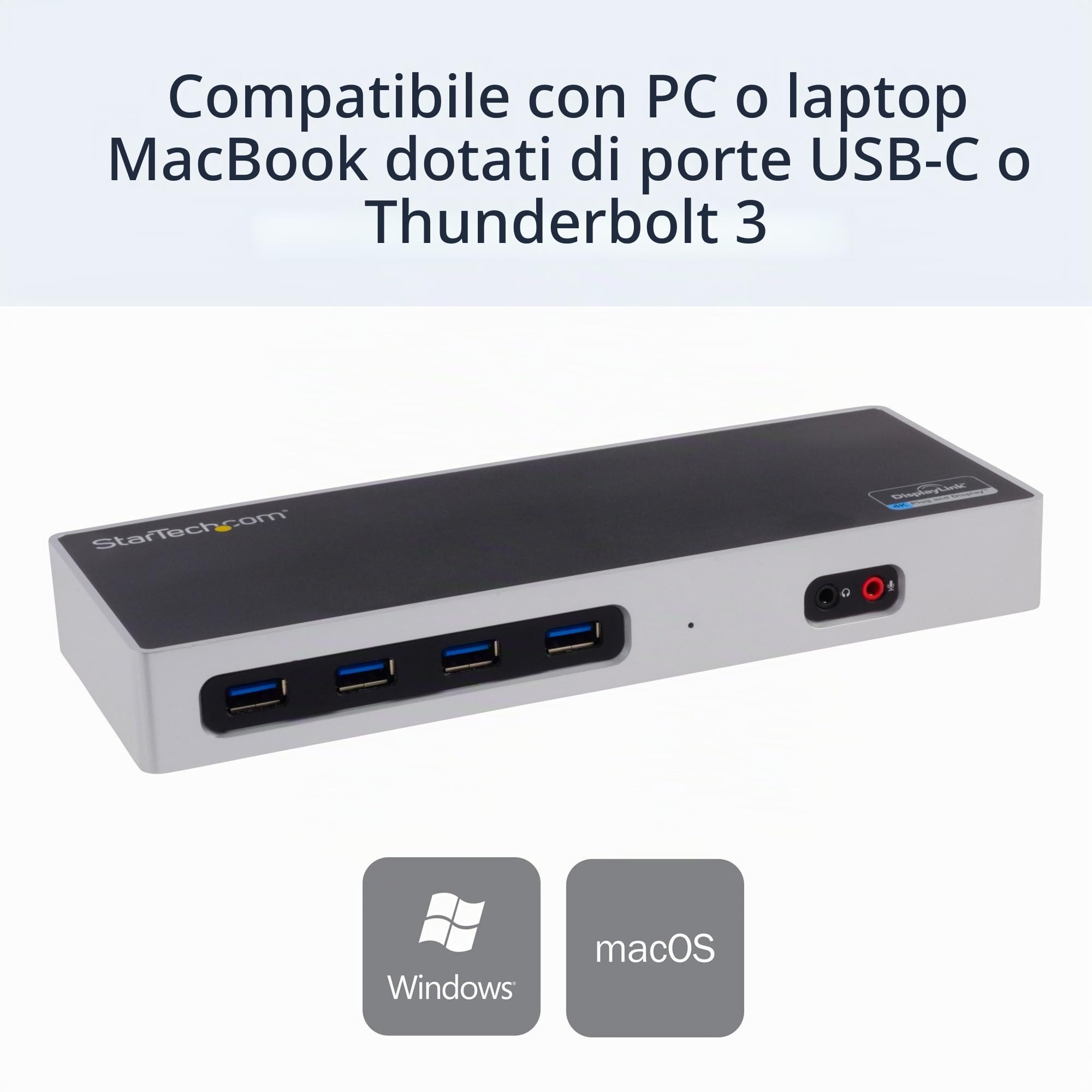 StarTech Dock Ibrido USB-C e USB-A Doppio 4K 60Hz, DP, HDMI, 6x USB-A, GbE | Per laptop USB-C oppure USB-A, Doppio monitor DisplayPort e HDMI, Sei porte USB-A