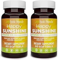 Vista 1 de Basic Brands Happy Sunshine Vitamina D3 2000 UI (50 mcg) – Apoyo óseo, inmunológico y muscular – Sin gluten, sin OMG – 60 cápsulas blandas