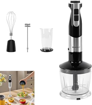 4 in 1 Stainless Steel Hand Blender with Whisk & Blender Attachments, Blender & Chop, Food Processor Vegetable Chopper, Powerful 800wWElectric Whisk, 12 Speeds, Turbo Button, Large Capacity [Energy Class A+++]