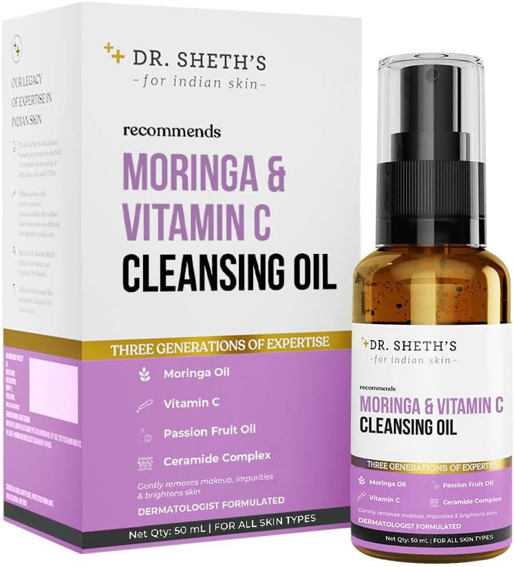 Dr. Sheth's Moringa & Vitamin C Face Cleansing Oil | For Deep Pore Cleansing | Removes Makeup & Impurities, Hydrates | Suits All Skin Types | Men & Women | 50 mL