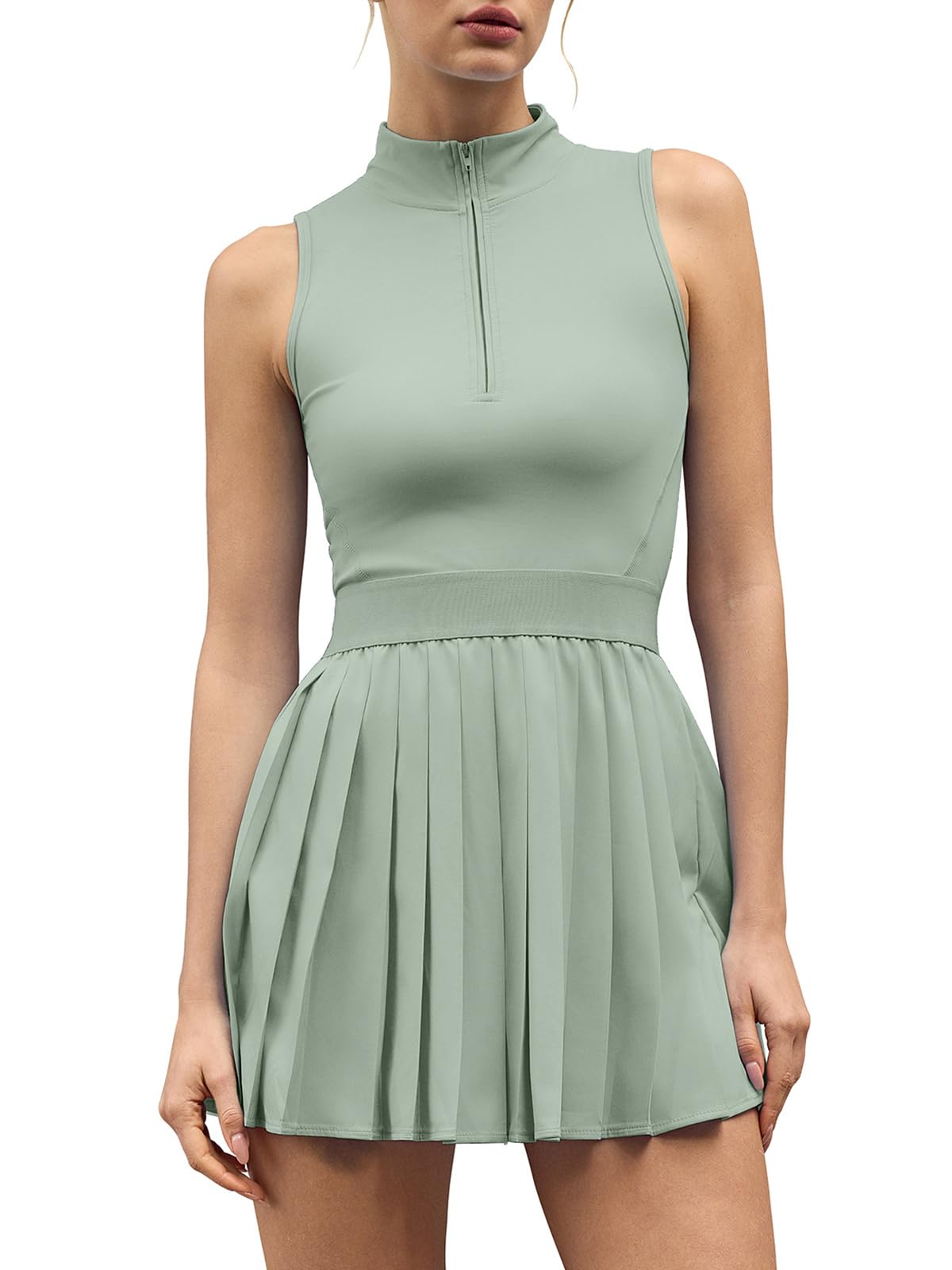QINSEN Womens Zip Front Tennis Dress High Neck Pleated Sleeveless Two Pieces Golf Athletic Dress with Pockets — view 8