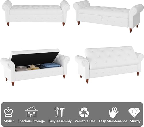 Miniatura 25 de Aoowow Banco de almacenamiento de 63 pulgadas para dormitorio, extremo de la cama, sofá otomano enrollado de tela de terciopelo armado, banco largo