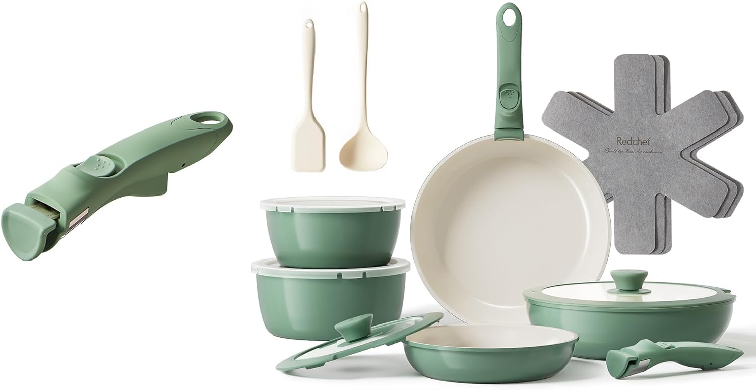 Redchef 17pcs Ceramic Pots and Pans Set Non Stick, Nonstick Kitchen Cookware Set with Detachable Handle, Non Toxic, PFAS PFOA & PTFE Free, RV Ceramic Cookware Set for Camping, Dishwasher/Oven Saf