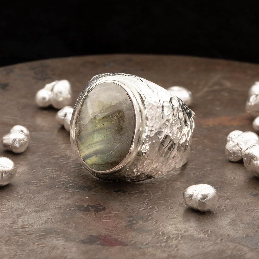 Natural Aventurine Crystal Ring Men's Hammered Anti-Tarnish 925 Sterling Silver Oval Solitaire Gemstone Dainty Statement Healing Crystal Gemini Luck Handmade Turkish Fine Jewelry