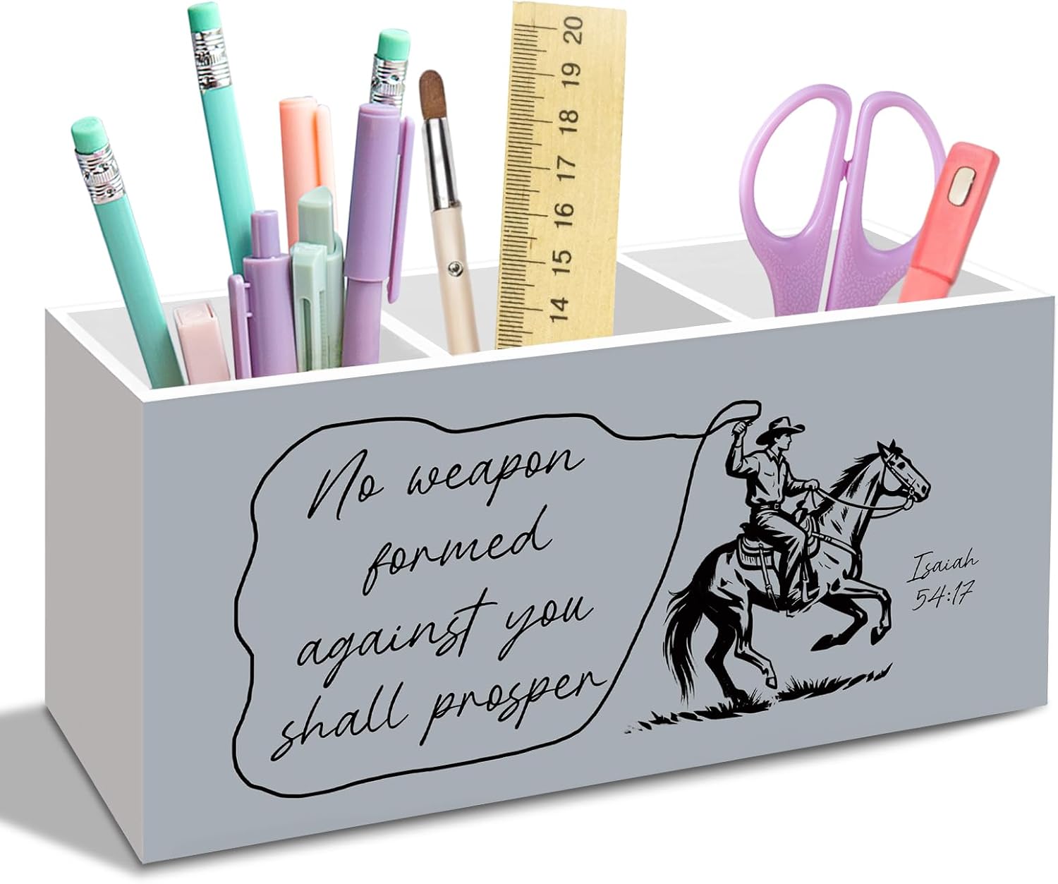 Christian Western Cowboy Pen Pencil Holder for Desk, Bible Isaiah 54:17 Office Desk Accessories, Christian Faith Cowboy Horse Pen Holders Organizer Gifts for Women Office Bathroom