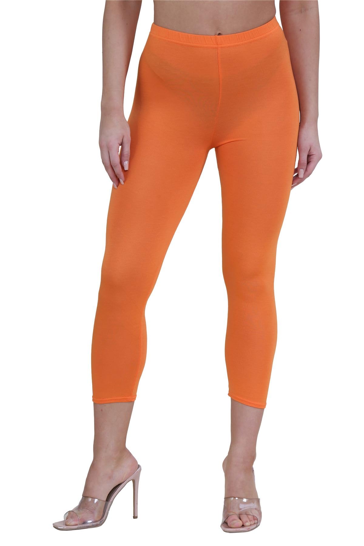 Janisramone Women's Orange New Plain Stretchy 3/4 Leggings Workout Tight Gym Cropped Capri Active Pants