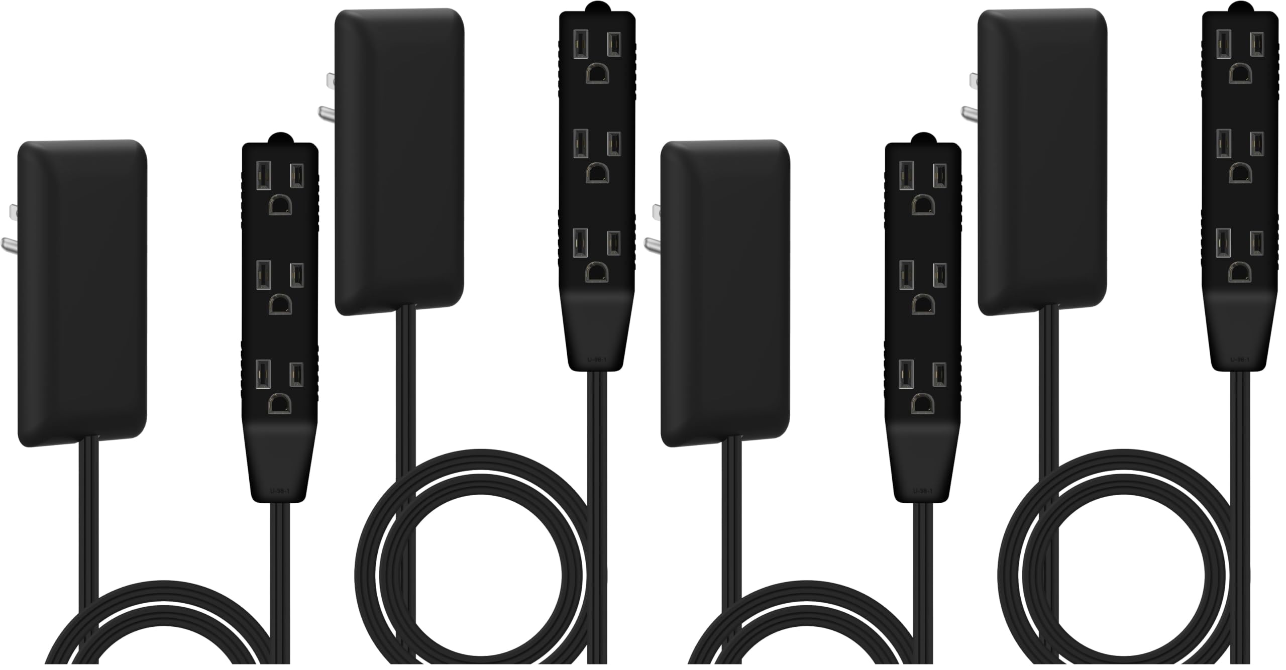 LIDER Flat-Face Outlet Extender with 3 Receptacles, Ultra-Thin Wall Plate Plug with Cord Extender and 3-Outlet Power Strip, 3ft Cord, LWE3-315-BK2P, 1625W, ETL Listed, Matte Black, 4-Pack