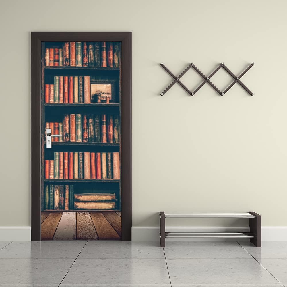 Autocollant Porte 3D Bibliothèque Moderne – Trompe-l’œil PVC Imperméable 77x200 Cm – Décoration Murale Salon, Chambre, Cuisine