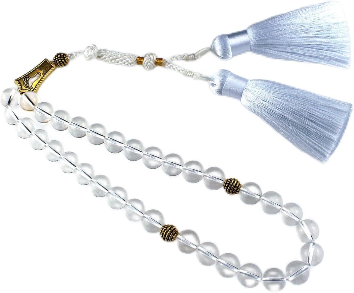 Muslims Islamic Dhikr Tasbeeh Tasbih Prayer Beads, 33 Crystal Clear Quartz Beads with Tassel