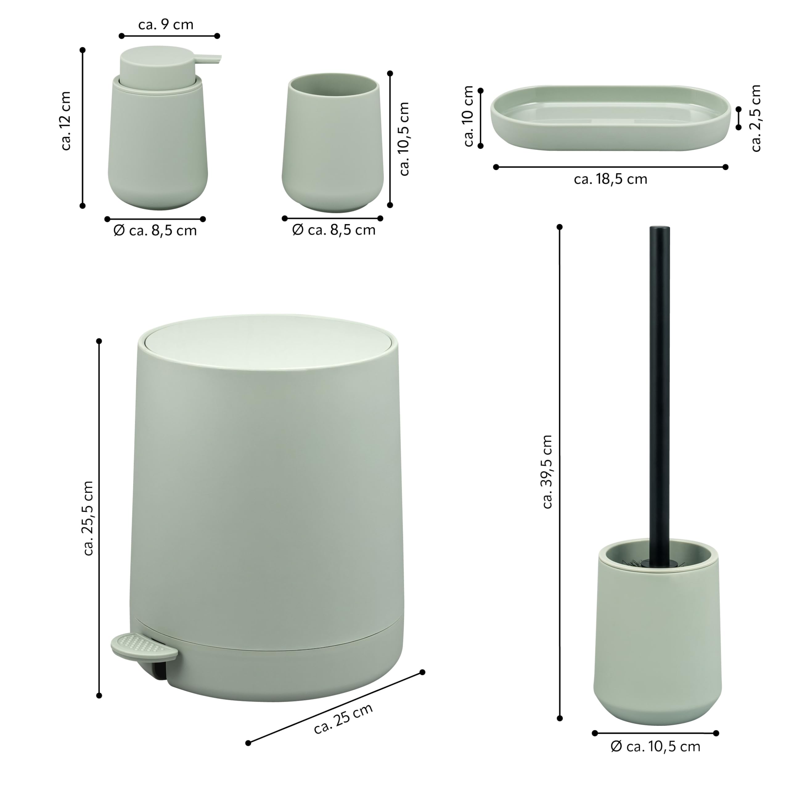 eluno Badezimmer-Set TESERO mit Soft-Touch Oberfläche, Bad-Accessoires Set 5tlg. aus Seifenspender, Becher, Schale, Kosmetikeimer, WC-Garnitur für Badezimmer und Gäste-WC aus Kunststoff (Salbei)