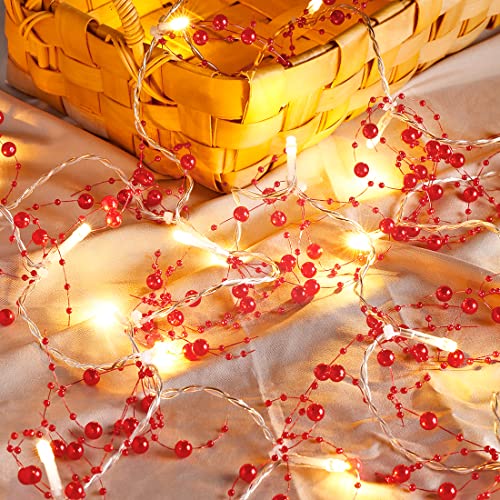 Cordless Lighted Berry Beaded Garland Christmas Decorations For Indoor Outdoor Home Mantel Fireplace Holiday Party Decor 8.3Ft(Red) #TOP1