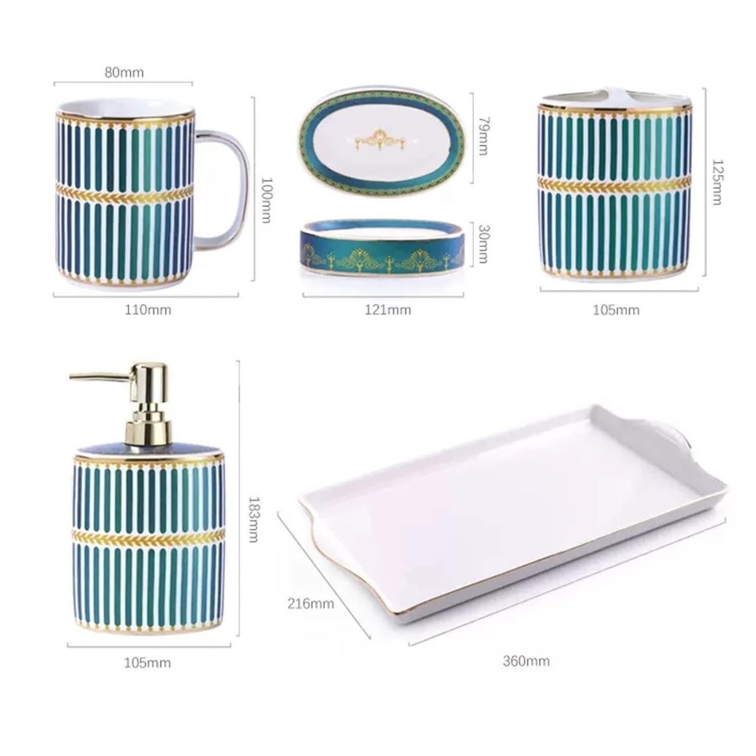 Badzubehör Set Badezimmer Set Bad-Accessoires-Set Badezimmer-Accessoires-Set Aus Keramik, Bad-Accessoire, Komplettset, Dekor, 5-teiliges Set Badezimmer Zubehör Set Badezimmerzubehör-Set(Grün)