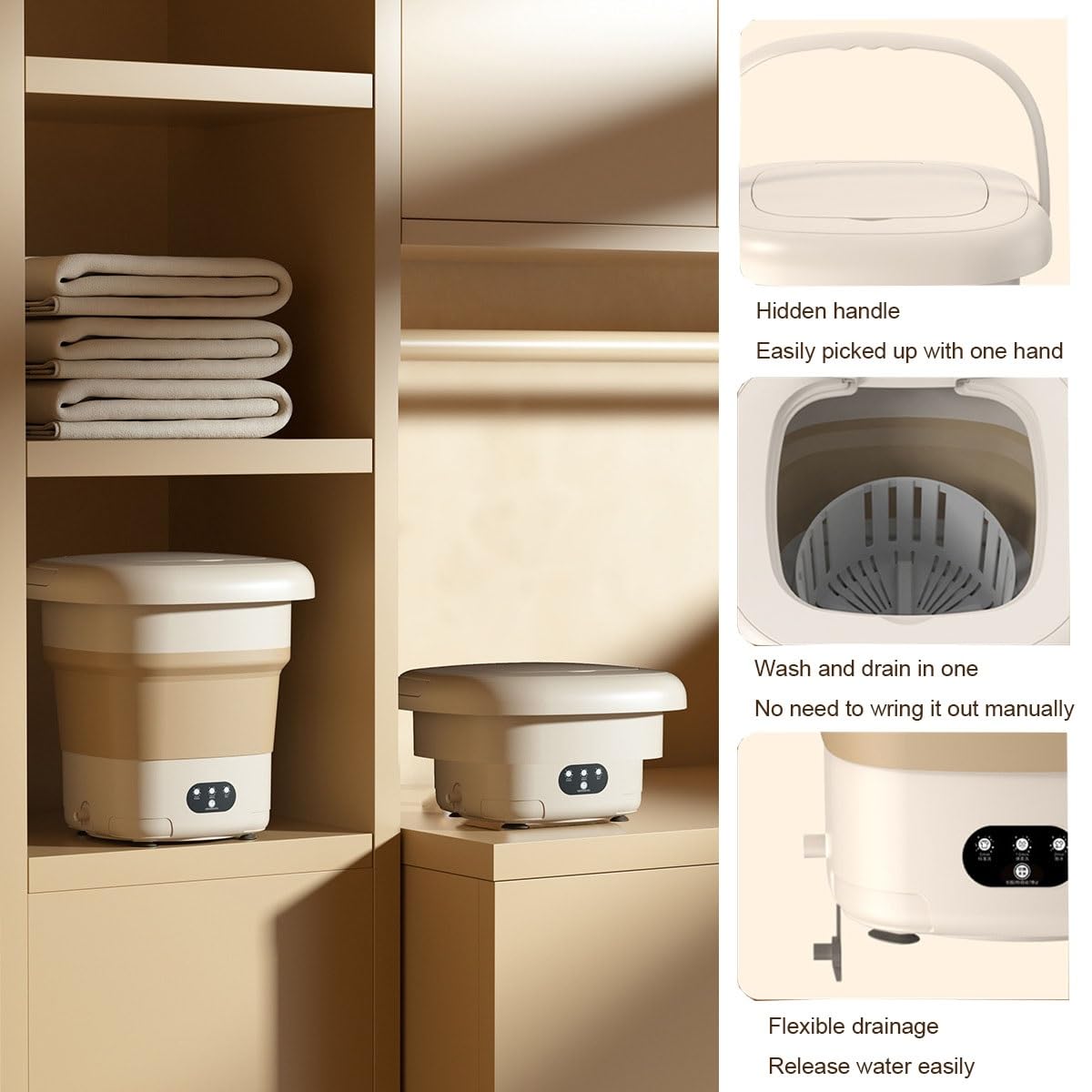 2 In 1 Apartment Washers 31x31x31.5cm Foldable Small Washing Machine Space Saver 9L Capacity Travel Washing Machine For Cleaning Sock, Underwear, Clothes(Khaki)