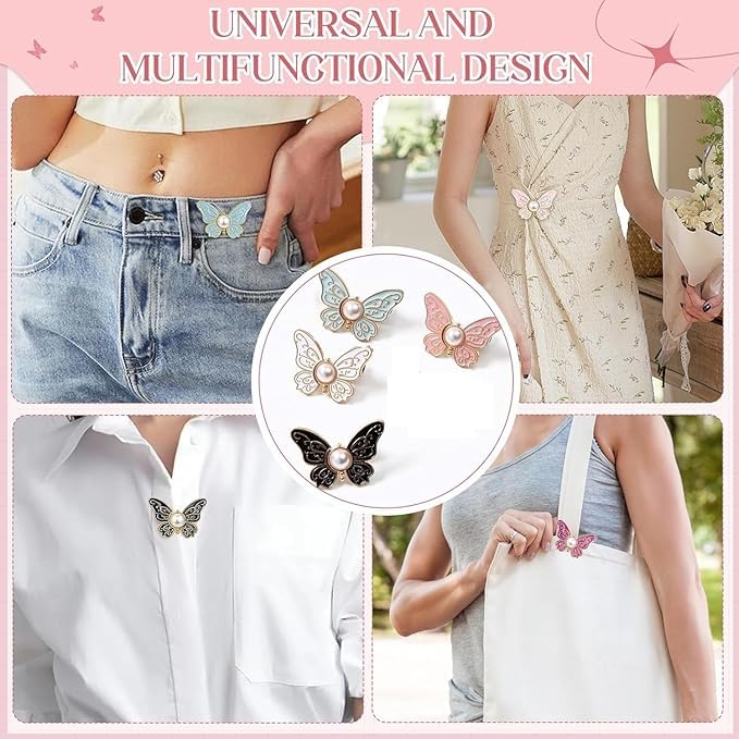 Image of YEKDA 4 Sets Butterfly Jean Buttons Waist Tightener for Loose Pants, No-Sew Adjustable Waist Buckle Clips, Detachable Decorative Jean Button Pins for Women's Jeans & Skirts (Butterfly 4 Pcs)