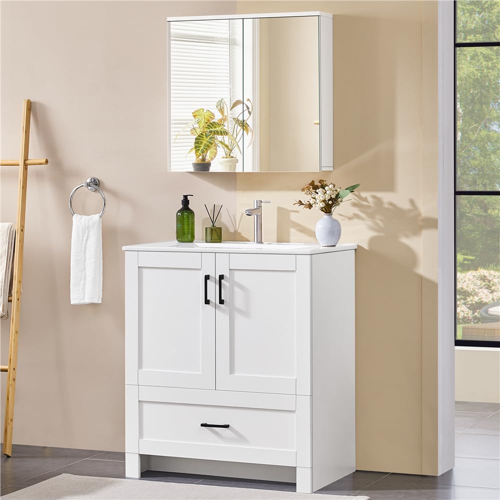 Yaheetech Armario de Baño con Espejo Armario Colgante de Pared con 2 Puertas y Estante Ajustable Moderno para Dormitorio Salón 63x15x60 cm Blanco