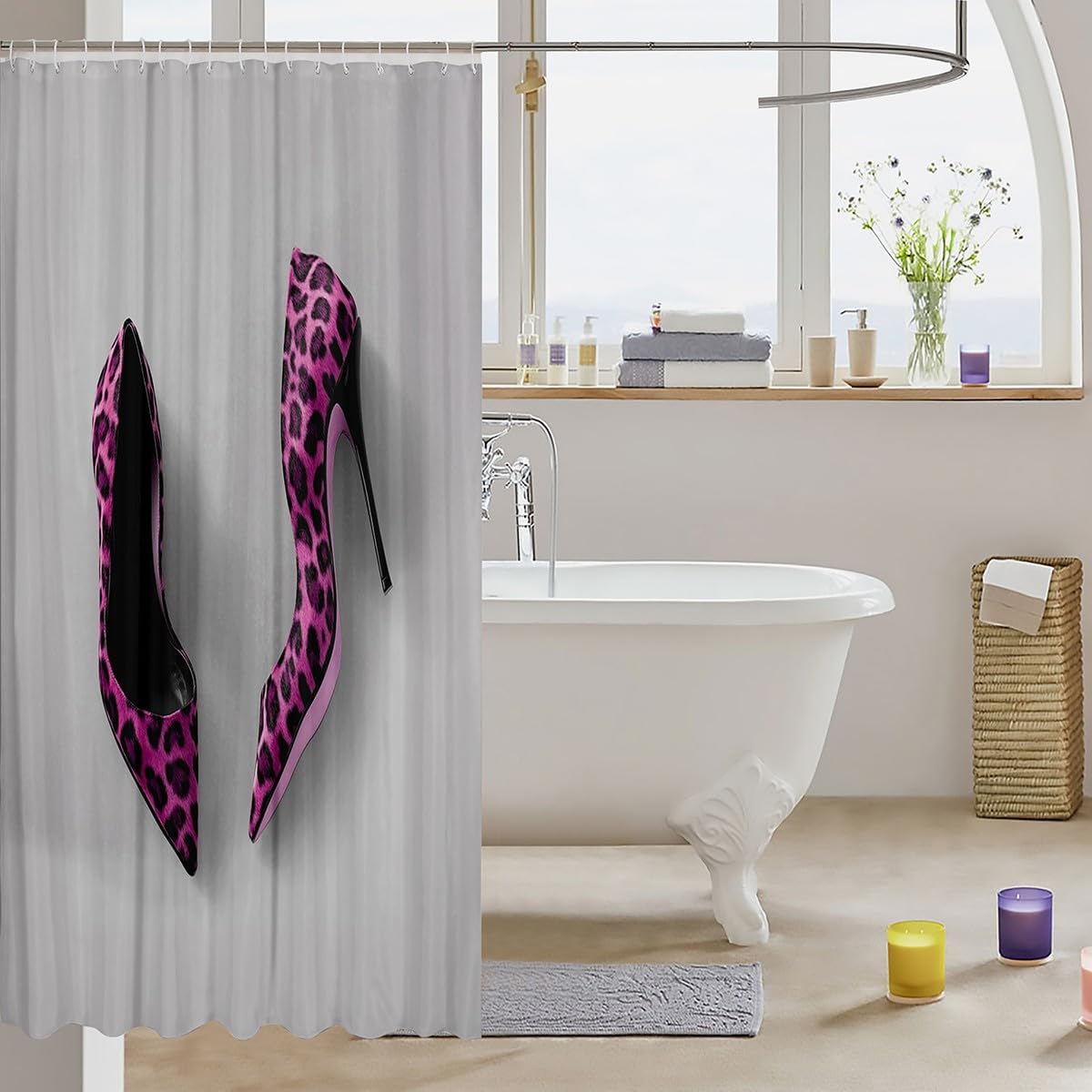 jejeloiu Pink Leopard Print Shower Curtain High Heel Bath Curtain for Adult Woman Modern Fashion Bathroom Waterproof Accessories with 12 Hooks Grey Pink Waterproof Polyester,72x72 Inches image 3