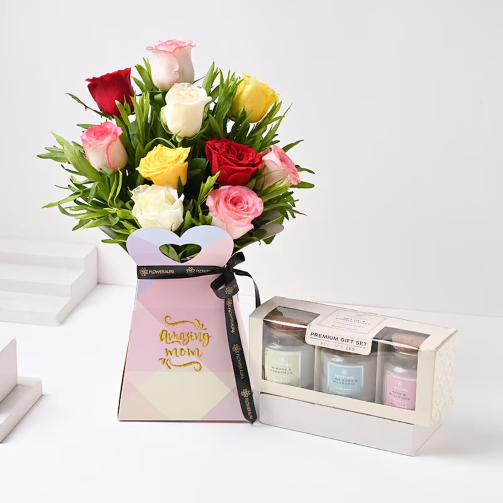 FlowerAura Fresh Live 10 Mix Roses In Box Flower Bouquet With Set of 3 Candles | Gift For Mother | Gift For Mom | Gift For Maa | Gift For Mother-In-Law | Mother's Day Gift (Same Day Delivery)-image-41
