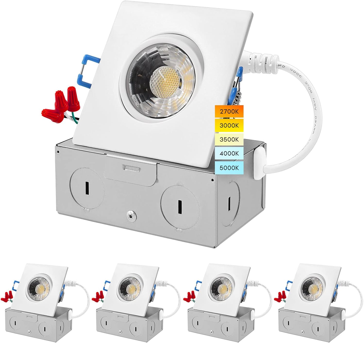 LUXRITE 3 Inch Square Gimbal Recessed LED Lights with Junction Box, 8W, 5 CCT Color Selectable 2700K-5000K, Adjustable Swivel Eyeball Spotlight Downlight, 600LM, Dimmable, Damp Rated, ETL (4 Pack)