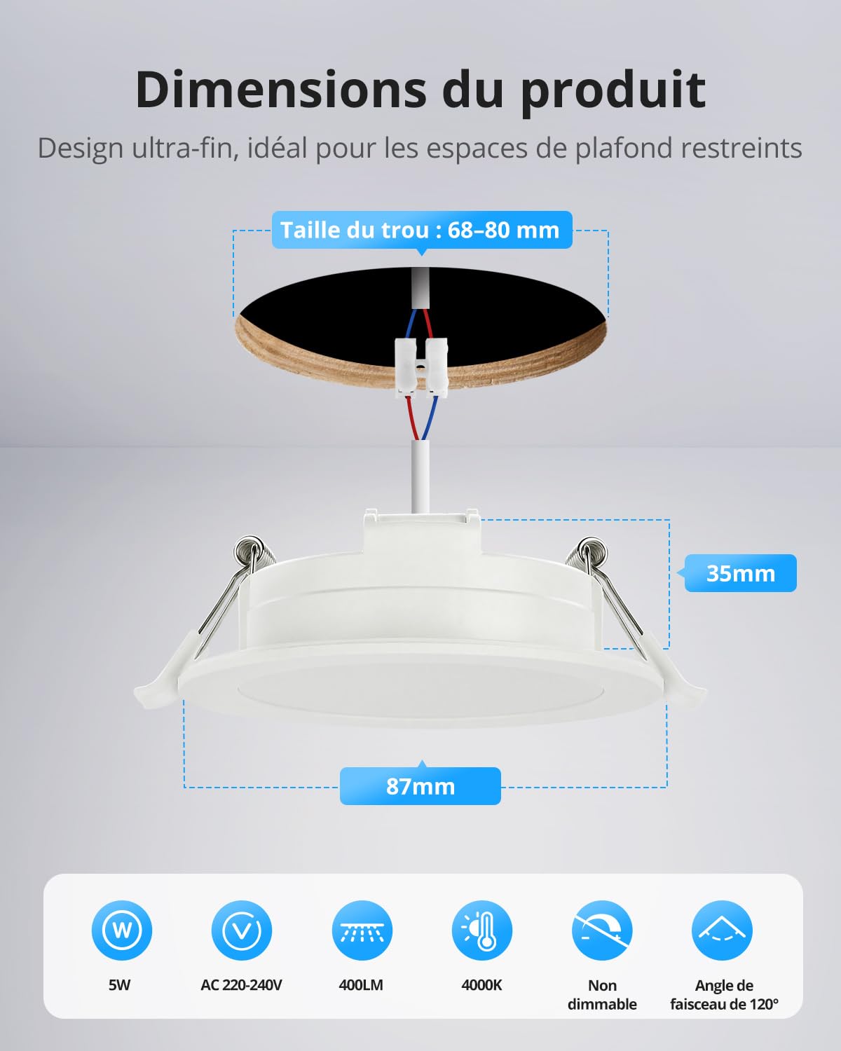 Spot LED Encastrable Salle de Bain IP65 5W 4000K Blanc Neutre 400LM Lot de 10 220V