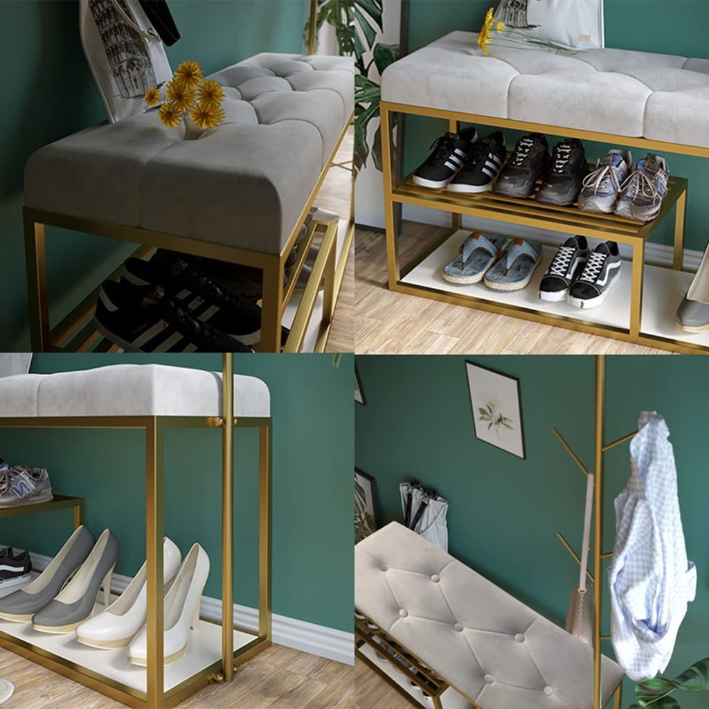 Appendiabiti Industriale con Panca per Scarpe e Ripiani portaoggetti a 2 Livelli, Albero per Ingresso, 5 Ganci, Facile da Montare, Organizer per Camera da Letto e Soggiorno