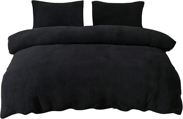 EDS Teddy Fleece Luxury Duvet Cover Sets Thermal Warm & Super Soft Cozy Fluffy with Matching Pillow Case (King, Black)